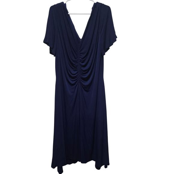 Maggy London 22W Navy Blue Ruched V-Neck Midi Dress - Picture 1 of 8